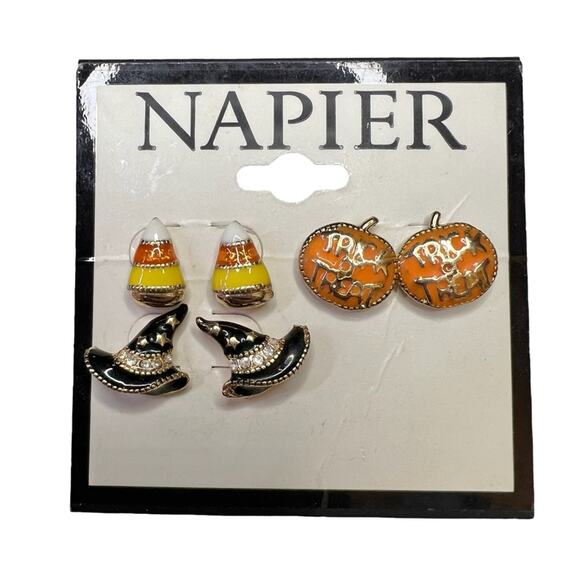 Napier Halloween Earrings Set Candy Corn Pumpkin Witch Hat Enamel Studs NWT - Picture 1 of 3